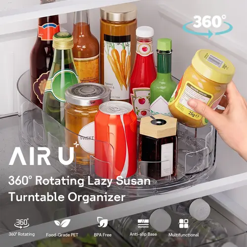 AIR U Rectangular 360° Full Rotation Lazy Susan Turntable Organizer - 1 Unit Plastic Acrylic Countertop Kitchen Organizer for Condiment, Spice, Sauce Bottles & Jars (Cabinet, Cupboard, Dining Table Storage)