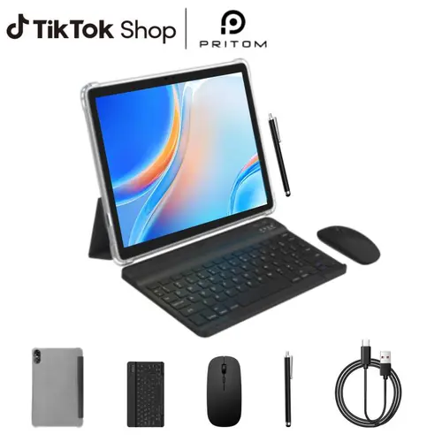 PRITOM Android 15 Tablet - 10.1 in HD IPS Display, 12GB(4+8) RAM, 64GB ROM, 2MP Front & 8MP Cameras, 6000mAh Long Battery Life, Bluetooth Audio, 2-in-1 Detachable Keyboard, USB, Screen Protector, Dual Box Speakers, Grey+Black Set, Father's Day Gift