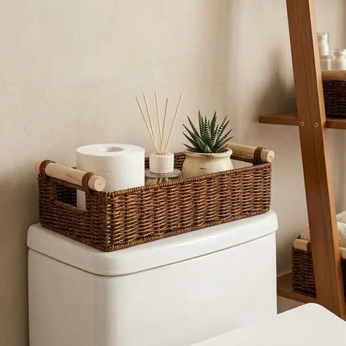 BROWNLILY Narrow Storage Basket for Bottles & Tins, 6.5 Inch Handwoven Faux Rattan Wicker Organizer with Wooden Handles, Skinny Canister Caddy for Toilet Tank, Bathroom Vanity, Kitchen Countertop, Shelf, Desk, Pantry, Canasta Organizadora, Cesta de Mimbre