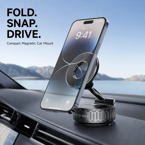 JEYUIN Compact Foldable Upgraded Magnetic Cell Phone Mount - 360° Rotatable, Vacuum Suction Secure Smartphone Mount, Easy Install Car Accessory for Dashboard/Windshield, Travel-Ready Size Mobile Phone Stand for Navigation