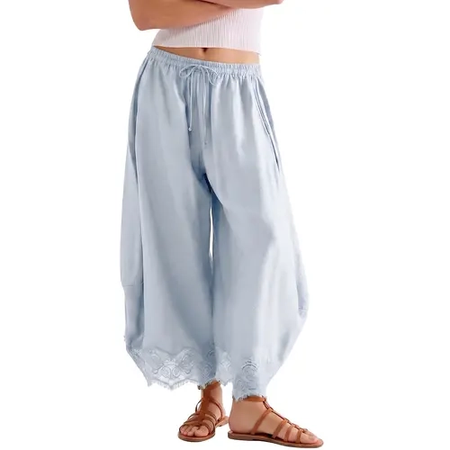 Hixiaohe Women's Boho High-Waist Elastic Waist Cropped Wide-Leg Trouser - Baggy, Loose, Solid, Lace Hem, Drawstring, Pockets, Lightweight, Beach Style Suit Bottoms for Casual Lounge, Party
