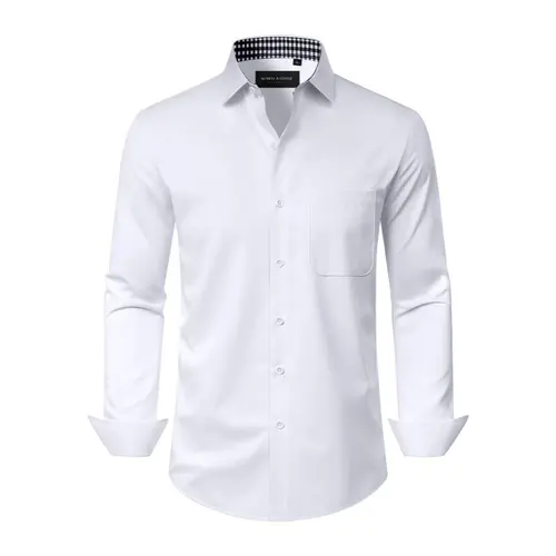 AMZPURE Men's Lightweight Long-Sleeve Button Shirt - Office-Casual Fit, Business Casual, Workday Ready with Checkered Inner Collar for Office Meetings