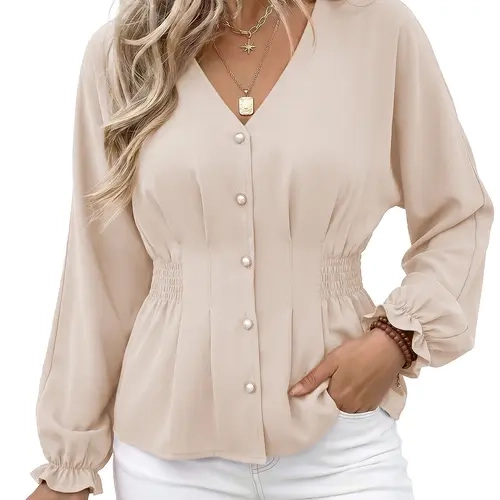 EVALESS Women's Fitted V-Neck Button Front H-Type Blouse, Long-Sleeve Solid Color Round Hem Top for Work, 2026 Womenswear Summer Outfits
