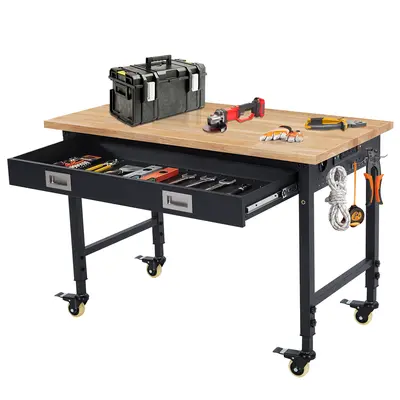 Adjustable Height Heavy Duty Workbench – 60" x 22" Table, 2000 lbs Capacity – sturdy Rubber Wood Top, Metal Frame – Built-in Outlets, Mobile Casters, Drawer, Pegboard – Versatile for Garage & Workshop