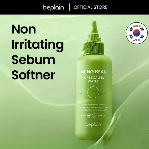 Beplain Mung Bean Sebum Softener Unscented Vinegar-Powered Acidic Face Scrubs & Peels - Strawberry Fruit-Infused Almond Formula, Blackhead Pore Remover, Oil Control, Anti-Aging, Sensitive All-Skin Friendly Liquid Scrub Bottle