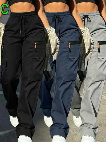 Women’s summer lightweight, soft fabric cargo pants multipack — casual loose long pants with drawstring and decorative zipper design (no back pockets), multiple pockets, adjustable waistband (also available in plus-size women’s long pants).