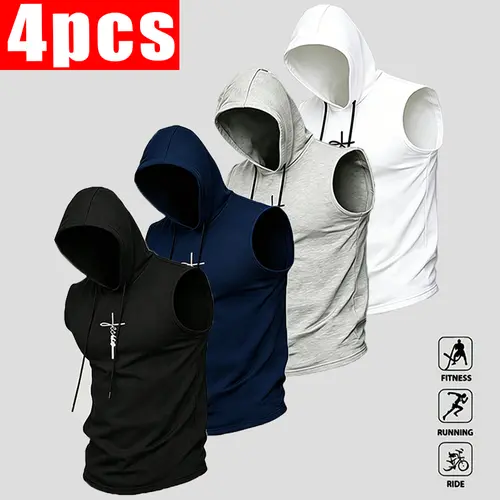 Men’s Dry Fit Sleeveless Hooded Tank Top - Tight Sports Vest with Sleeveless Sporty Design, Street-Style Cross Print, Hood Detail Adds Instant Street Edge, Activewear for Gym & Urban Transition
