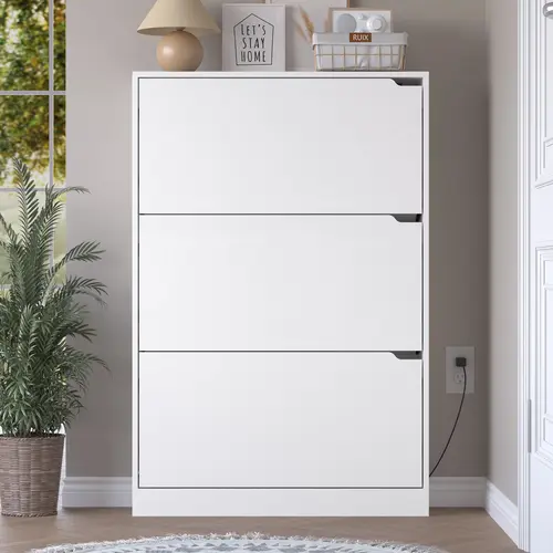 P2 Engineered Wood Electric Deodorizing Shoe Storage Cabinet - Slim Space-Saver, Narrow 3-Tier Flip-Out Drawers, Adjustable Racks, Freestanding/Wall-Mountable, Hidden Handle, Anti-Tip Base, White-9.06d x 31.5w x 47.24h, Top Holds Keys+Wallets