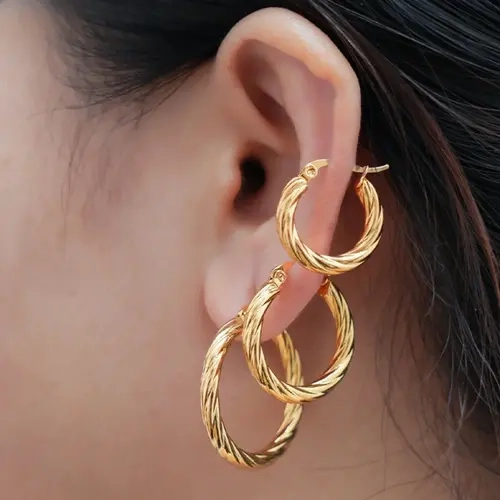 Women's 3-Pair Non-Tarnish Retro Twisted Gold-Plated Stainless Steel Earring Stack Set - Simple Minimalist Studs, Stack 3 Hoops, Jewelry for Women, Daily & Casual Wear Accessories