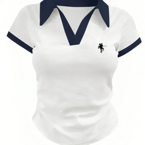 Women's Casual Fitted Short Sleeve T-Shirt Polo, Night Print Design, Contrast Color Collar, Comfortable Daily Wear, Perfect for Everyday Style