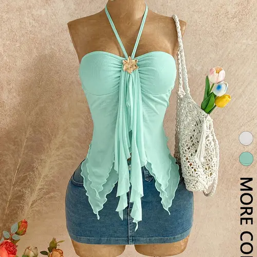 Strapless Crop Top, Sexy Fitted Sleeveless Top, Elastic Waist, Leaf Edge Design, Perfect for Beach & Dates, Versatile Summer Wear, Crop Camisole