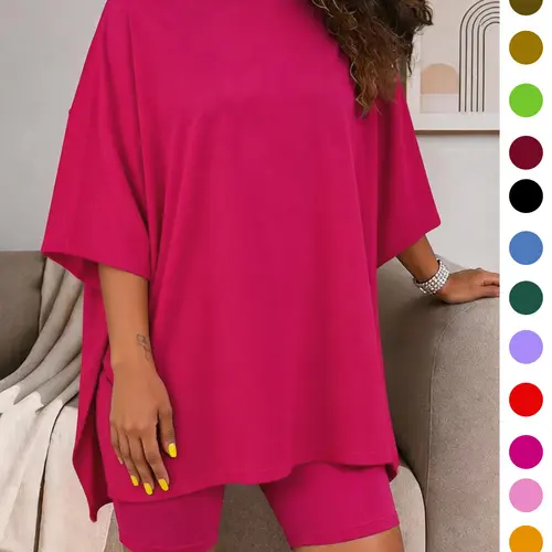 Women's Solid Color T-Shirt and Tight Shorts Set, Summer Comfort Lightweight Round Neck Pajamas Loungewear, Pocket Design, Suitable for Outdoor Wear