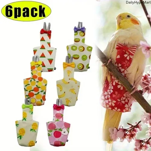 6-Pack Cute Baroque Christmas Bird Diapers - Soft Reusable Waterproof PVC Fabric Flight Suits with Bow Tie, Adjustable Easy-Wear Velcro Closure, Colorful Prints, Mess-Preventing Clothes for Small Parrots, All Seasons Engagement-Ready Accessories