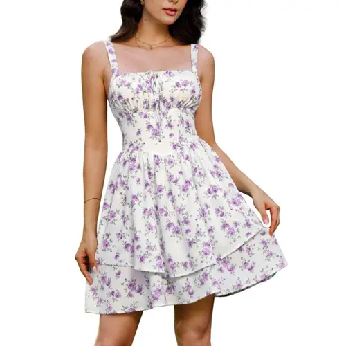 Grace Karin Women's Fitted Lightweight Polyester-Elastane Sleeveless Ditsy Floral A-Line Sundress - Square Neck, Ruched Bust, Adjustable Straps, Zipper Front, Above Knee, Tiered Ruffled Hem, Side Pockets for Convenient Storage, Women's Clothing Casual