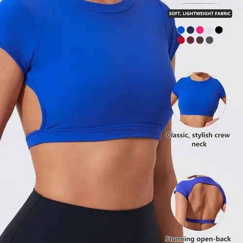 Women's Gym Workout Short Sleeve Top, Backless Round Neck Tight Fit T-Shirt, Sports Top, Fitted Sportswear, Comfortable Casual Wear, Removable Padded Bra, Backless Gym Clothes, Workout Tops