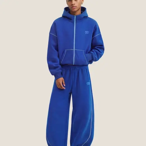 Aelfric Eden Cloud  Sets Contrast Outline Stitch Detail Boxy Zip Up Hoodie + Baggy Barrel Wide Leg Sweatpants Lightweight Breathable Cloud Fabric Casual Sporty Streetwear Unisex Two Piece Outfit
