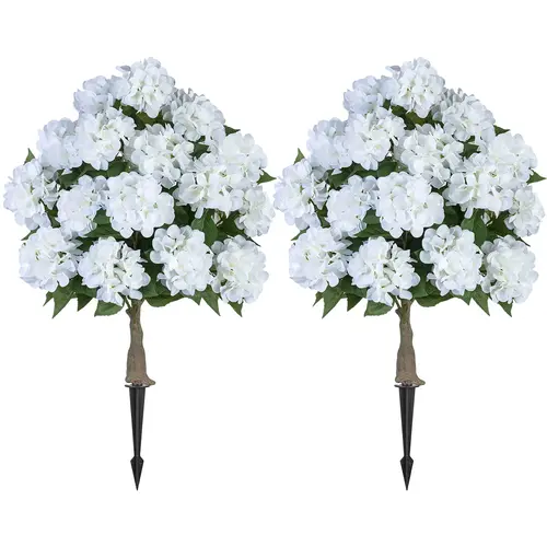 2-Pack 33 in Faux Silk Hydrangea Topiary Ball Trees, 20 Heads White Artificial Decorative Plants with Wood Outdoor Spike, Year-Round Blooms for Front Porch, Garden Patio