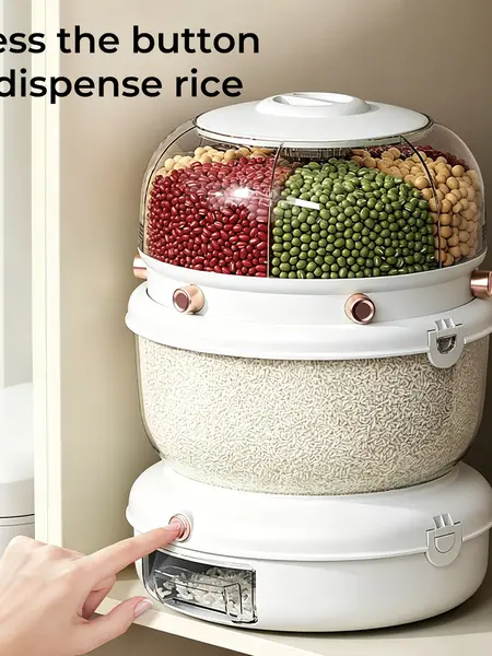 UFORU 360° Rotating Double Layer Grain Dispenser | Airtight Rice & Cereal Storage Container, 6-Compartment, Pest & Moisture Proof, Auto Dispense for Kitchen Pantry Organization