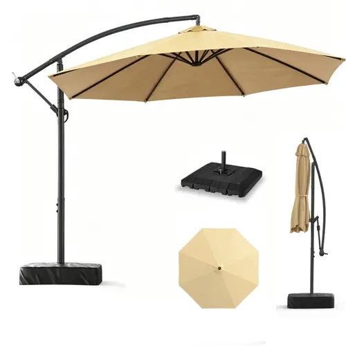 Docred Heavy Duty Cantilever Patio Umbrella - 10FT Yarn-Dyed Fade-Resistant Canopy, 8 Reinforced Steel Rib Frame, 32.0 lbs Iron Base with Sandbags, Crank Lift, 360° Sun Control, Infinite Tilt, Umbrellas for Rain, 360° Rotation for Patio, Backyard