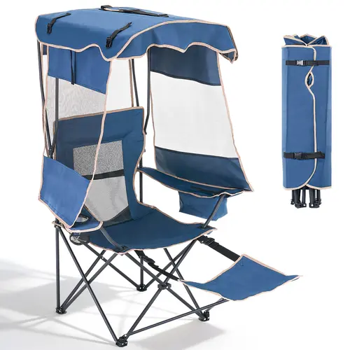 ABORON Sturdy Wide Folding Camping Chair - Anti-Skid 55.9x47.2x37.9 in Outdoor Furniture, Adjustable Sunshade Canopy, Breathable Mesh Back, Cooling Oxford Fabric, Built-in Cooler Armrest, Cup Holder, Recline Support for Beach, Camps