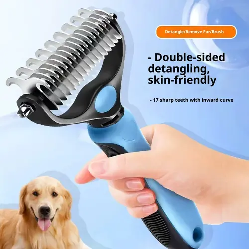 Double-Sided Dematting Undercoat Rake for Long-Haired Dogs - Animal Hair Brush with Double-Sided Blades, 17 × 10 × 3 Cm, Detangles and Removes Loose Coat, Pain-Free Grooming Tool for Shedding Season