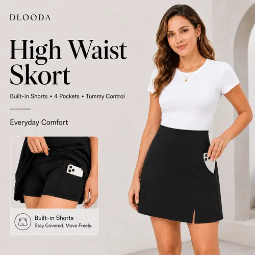 DLOODA Women's High-Waisted Elastic Waist Active Performance Skort - Tummy Control, Casual Sporty Pull-On Workout Skort with Built-in Sculpting Scoop Shorts for Female Back to School, All Seasons