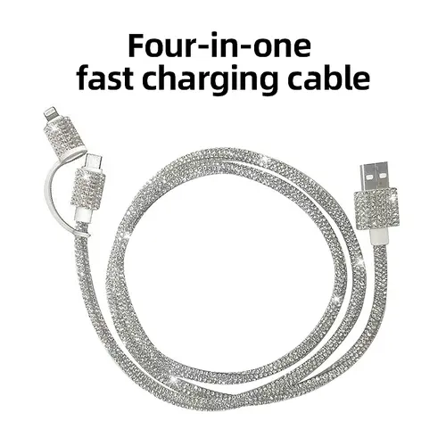 Diamond-studded  Four-in-One  dual Type-C data cable, supports 60W fast charging, compatible with Apple phones, iPads, and computers, features dual USB-C and Lightning connectors, suitable for car charging, 1.2-meter extra-long cable, Fast Charger