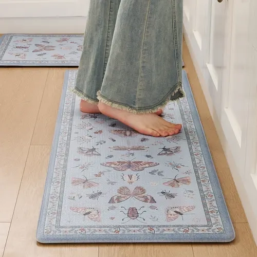 Litanika Non-Customised 2-Piece Butterfly Accent Kitchen Mat Set - Art-Inspired, Decorative, Flexible Rubber PVC Rugs, 0.47in Thick Memory Foam Padding, Stain-Resistant, Anti-Skid, Waterproof, Ergonomic, Hand Wash Only, Indoor, Art-Inspired Kitchen Rugs,