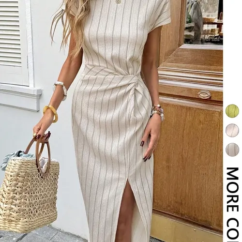 Elegant Striped Midi Dress, Casual Slim-Fit Lady Dress for Women, Womenswear, Perfect for Birthday, Wedding Guest, Commute, Graduation