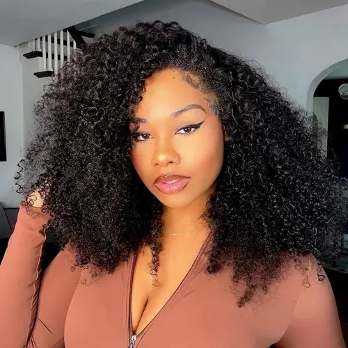 Anyweek Kinky Curly Half Wig Human Hair 200 Density 3 In 1 Seamless Flip Over Half Wigs Human Hair Glueless Wear and Go Beginner Friendly Kinky Curly Wig Human Hair Drawstring Headband Wig for Women