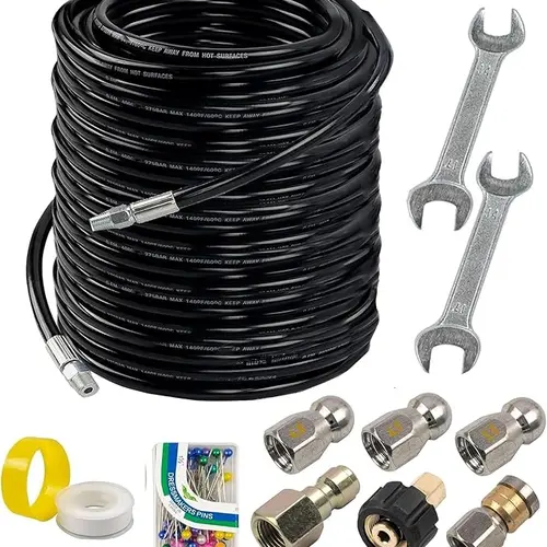 Hourleey Quick Connect Pressure Washer Sewer Jetter Kit - 1/4 inch NPT PE Pipe Drain Cleaner, 50/100/200ft PVC Coated Flexible Hoses, 4.0 Orifice 360 Degree Rotating Jets, 4,000 PSI, Spanner, Waterproof Tape, Pin, Quick Connect Plug for Gutters/Siding