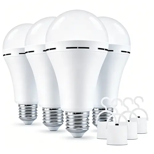 4pcs 2-in-1 Battery LED Lights Rechargeable LED Emergency Bulb All-Inclusive Kit - Auto-Charging E26/E27 Base, 85v-265v, 12W (60W Equivalent), 6000K Daylight, 1200mAh, Ultra-Long Standby for Home Power Outages, Camping