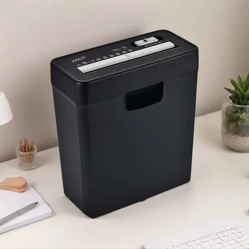 KINUO Strip-Cut Paper Shredder for Home Office Compact P-2 with 6-Sheet Capacity 2.9 gallons Bin Credit Card Slot FWD/Auto/Off/Rev Switch Black