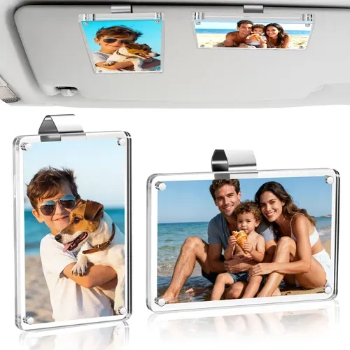 2-Pack Durable Crystal-Clear Acrylic Magnetic Car Photo Holder - Visor Clip, Refrigerator Sticker, Horizontal/Vertical Display, Secure Mount, Unisex Auto Accessory for Couple, Personalized Gifts, Magnetic Hold, Fits All Car Models