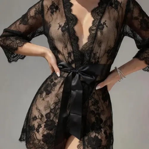 Women's Sexy Sheer Lace Robe, V-Neck Floral Short Loose Sleepwear & Loungewear with Belt, Ideal for Honeymoon & Date Nights