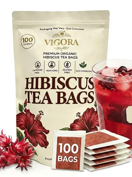 VIGORA Hibiscus Tea Bags (100 Count) – Caffeine-Free Herbal Tea, 100% Natural Dried Hibiscus Flowers, No Sugar or Additives, Perfect for Hot & Iced Tea