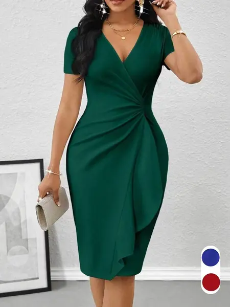Spring Summer Feminine Elegance Chic Bodycon Party Dress, Womenswear, V Neck Ruffle Wrap Knee-Length Dress, Waist-Cinching Ruched Slim Design, Elegant Formal Dress for Evening Events