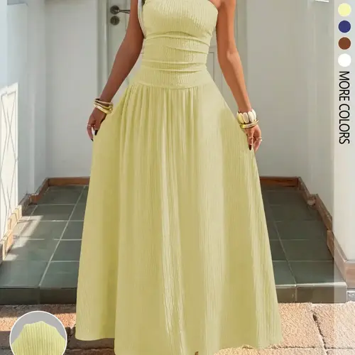 Women's New Cream Yellow Solid Textured Knit Ruched Chic Dress for Summer