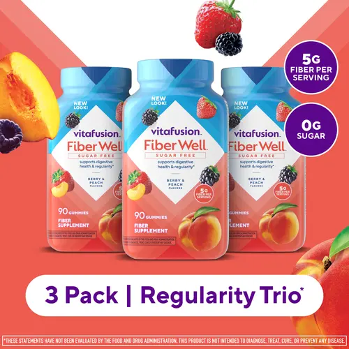 [Vitafusion] 3x Fiber Well Sugar Free Gummies - Regularity Trio -  7.5g - Berry & Peach Flavor Fiber Gummies - Supports Digestive Health & Regularity - Doctor Formulated - 270 Gummies - 3 Pack