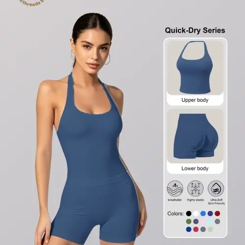 Women's Two-Piece Set, Solid Color Halter Top & High Waist Shorts, Sporty Breathable Quick-Dry for Yoga Gym Workout Running, Summer Fitness Outfit, Summer Sportswear, Gym Workout Clothes, Athletic Outfits, Workout Exercise Clothing