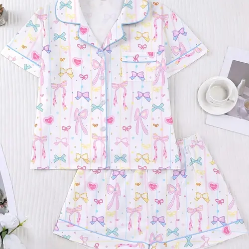 Women's 2-Piece Pajama Set, Pajamas Sets, Pjs, Loungewear, Homewear, Womenswear, Cartoon Butterfly Print, Casual Fitted Top & Elastic Shorts, Comfortable Sleepwear for Home & Parties