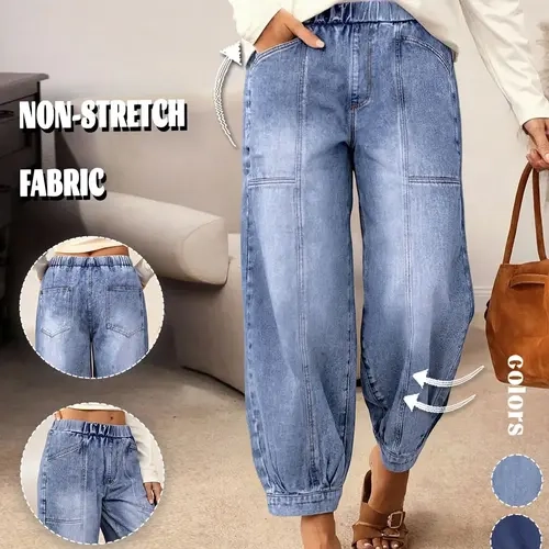 GILIPUR Women's Light Blue Washed Elastic Waist Denim Harem Pants, Casual Loose Fit Balloon Jogger Jeans with Pockets Cuffed Hem, Vintage Daily Commute Home Outdoor Wear Trousers for Women TChic Streetwear