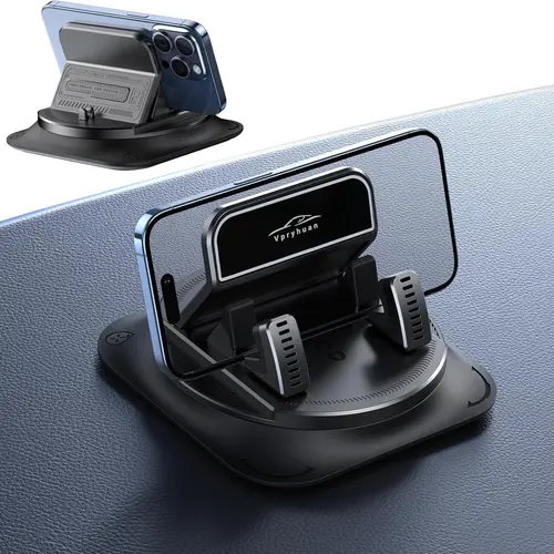 Multifunctional Phone Holder for Car - Dashboard Clip-On Mount with Anti-Slip Heat-Resist Gel, 360° Rotatable, Adjustable, 1-Hand Operation, 20kg Load Auto-Lock Clip, Auto Interior Accessory for All Smartphones, iPhone Holder for Car