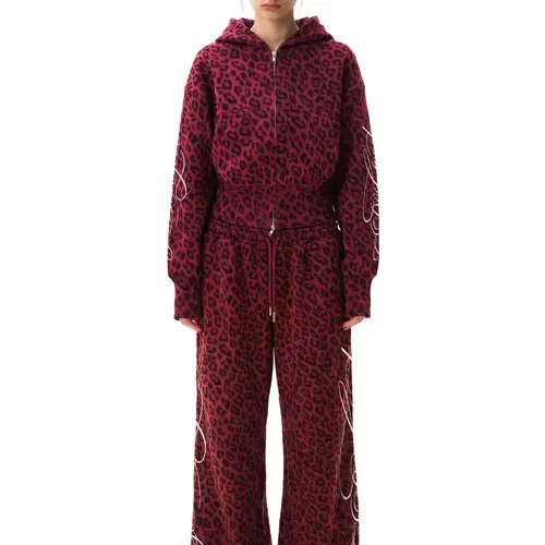 FDR Unisex Leopard Print Hoodie & Sweatpants Set, Oversized Cropped Letter Graphic Sweatshirt, Baggy Straight-Leg Sweatpants with Elastic Double Waistband, Vintage Casual Daily Streetwear summerwins