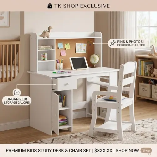 Garvee Multifunctional Kids Desk and Chair Set – Wooden Study Table with Bookshelf, Bulletin Board Drawer and Storage Cabinet – Student Computer Workstation for Boys and Girls Ideal for Bedroom