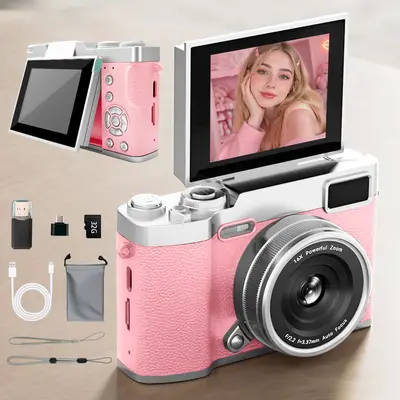 Flip-Screen Retro Digital Point and Shoot Camera for Girls, Cute Portable Pocket Camera with Filters and Memory Card, Y2K-Style Entry-Level Student Compact Camera, Vintage Cameras Gift for Christmas, Back to School and New Year