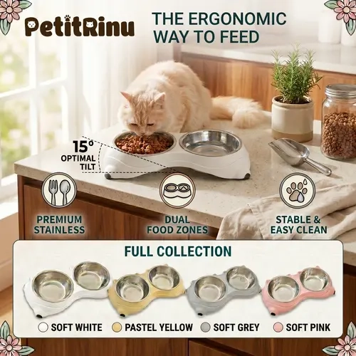 Cat Stainless Steel Divided Double Bowl Neater Feeder - 15° Tilt Neck Support, Stable Nonslip Base, Detachable Easy to Clean Popout, Macaron Pastel Design (34x18x8.5cm), Low Vomit Risk Food Feeder, Dry & Wet Segregation, Odor-Free Steel