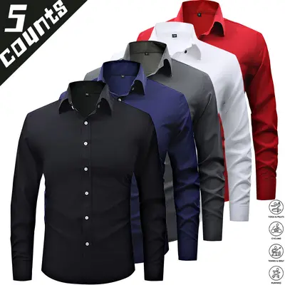 5-pack men’s solid-color slim-fit long-sleeve dress shirts—simple, mature commuter/business style. Smooth, wrinkle-resistant, skin-friendly, breathable fabric. Structured classic lapel with a refined single-breasted closure. Slim fit that flatters the fig