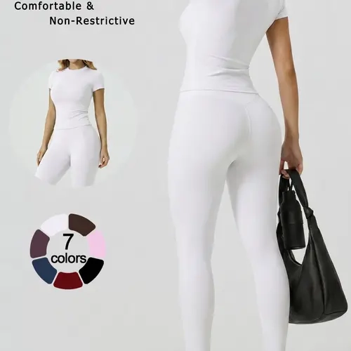 Women's Two Piece Solid Color Short Sleeve Long Pants Athletic Sportswear Set, fitness clothing set, Sculpting Workout Outfit, Elastic, Crew Neck Nylon Fabric High Stretch Tummy Control Hip Lifting Pilates Gym Training, Activewear