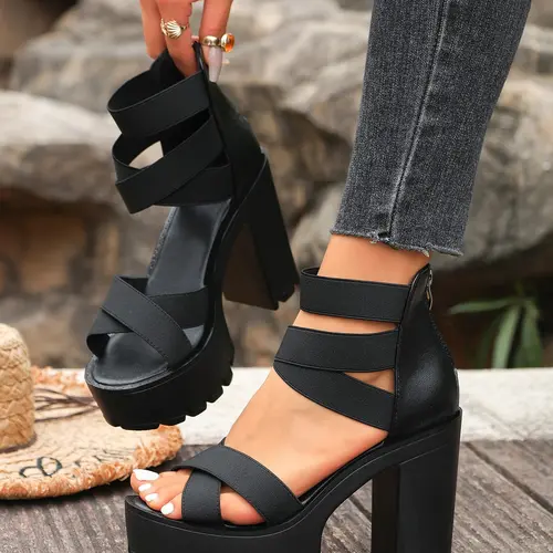 Women's Summer Comfortable Thick Sole Waterproof Platform High Heel Sandals, Office & Daily Wear, PU Leather Material